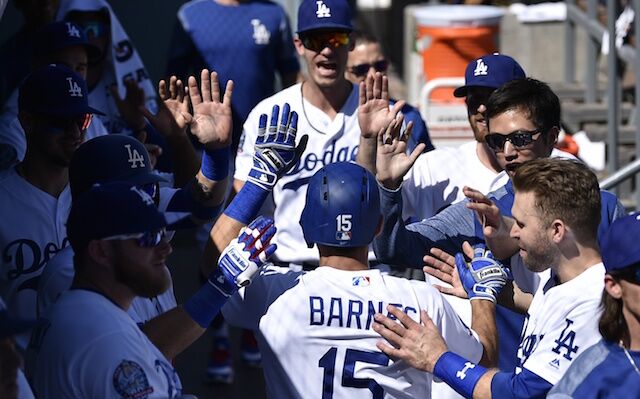 Austin Barnes, Cody Bellinger, Brian Dozier, Max Muncy, Dodgers dugout