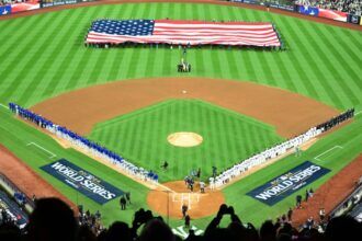 Dodgers lined up, Yankees lined up, national anthem, United States of America flag, 2024 World Series