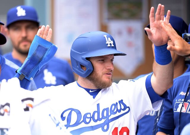 Los Angeles Dodgers infielder Max Muncy in the dugout at Dodger Stadium