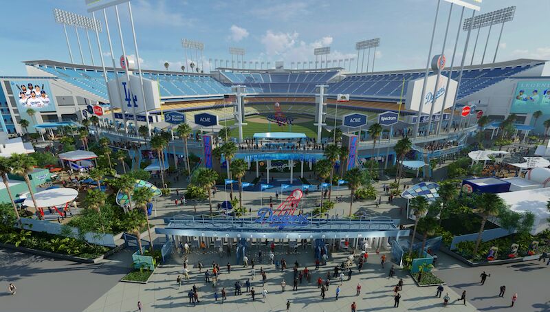Dodger Stadium renovation rendering, center field plaza entrance Dodger Stadium renovation rendering, center field plaza entrance