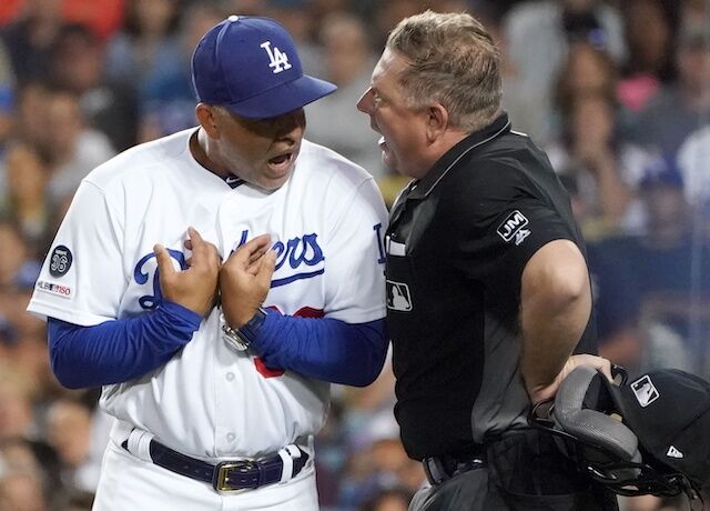 Los Angeles Dodgers manager Dave Roberts is ejected by home-plate umpire Greg Gibson