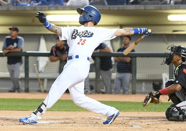 Rancho Cucamonga Quakes infielder Jacob Amaya hits a home run against the Lake Elsinore Storm in Game 3 of a 2019 California League Playoffs series