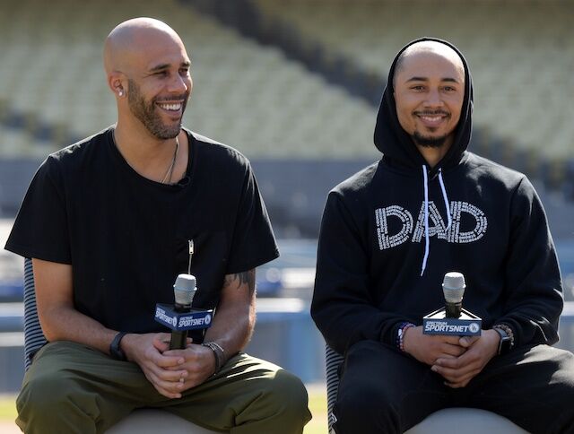 Mookie Betts and David Price during the Los Angeles Dodgers introductory press conference at Dodger Stadium