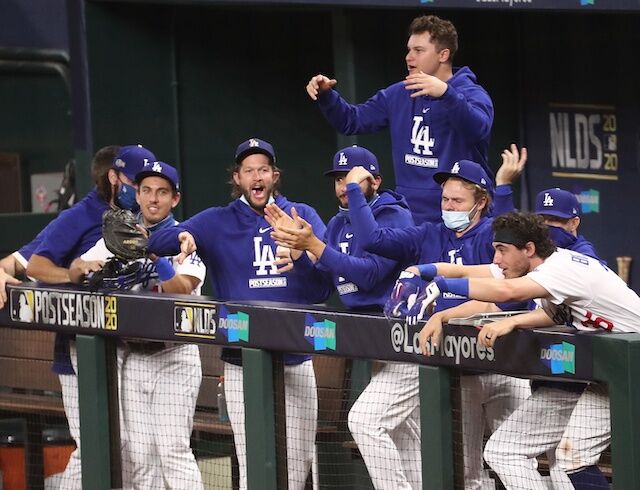Austin Barnes, Cody Bellinger, Clayton Kershaw, Gavin Lux, Joc Pederson, barrels are overrated celebration, 2020 NLDS