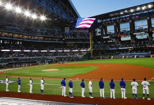 Dodgers lined up, national anthem, Globe Life Field view, 2020 NLCS