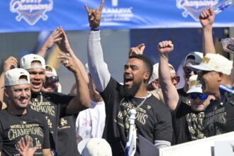 Teoscar Hernández, Austin Barnes, Brusdar Graterol, Dave Roberts, Dodgers World Series celebration