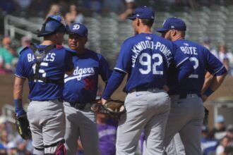 Austin Barnes, Dave Roberts, Griffin Lockwood-Powell, David Bote, pitching change, 2025 Spring Training