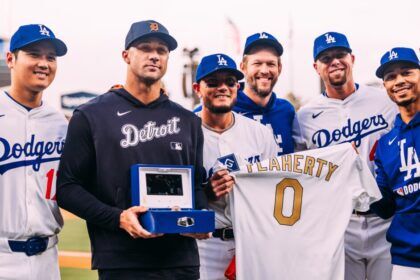 Shohei Ohtani, Jack Flaherty, Miguel Rojas, Clayton Kershaw, Blake Treinen, Mookie Betts, Dodgers gold jersey, 2024 Dodgers World Series ring