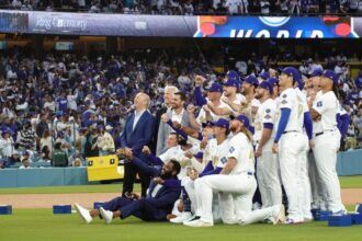 Stan Kasten, Brandon Gomes, Mark Walter, Andrew Friedman, Anthony Anderson, Michael Kopech, Shohei Ohtani, Dodgers team photo, Dodgers gold series, MLB gold program, 2024 Dodgers World Series ring ceremony