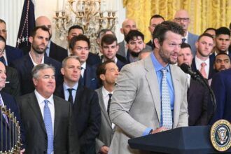 Clayton Kershaw, Stan Kasten, Chris Taylor, Yoshinobu Yamamoto, Gavin Stone, Dodgers White House