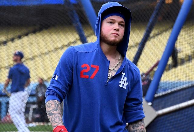 Los Angeles Dodgers teammates Cody Bellinger and Alex Verdugo during batting practice at Dodger Stadium