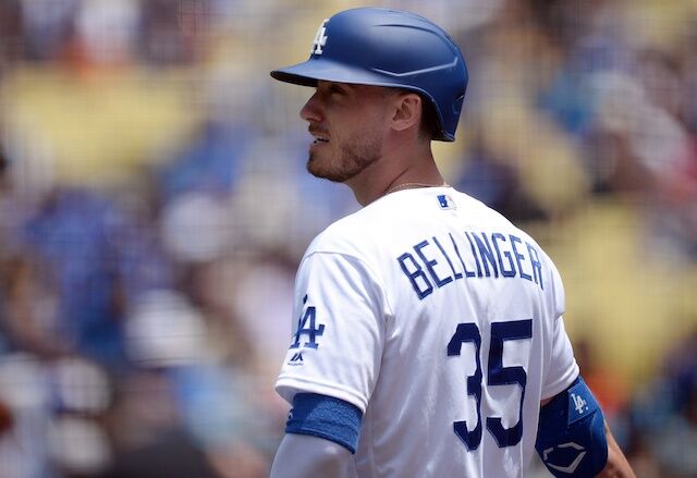 Los Angeles Dodgers right fielder Cody Bellinger on deck at Dodger Stadium