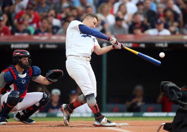 Los Angeles Dodgers outfielder Joc Pederson participating in the 2019 Home Run Derby at Progressive Field
