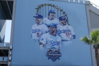 Clayton Kershaw, Freddie Freeman, Shohei Ohtani, Mookie Betts, Dodgers World Series champions logo mural