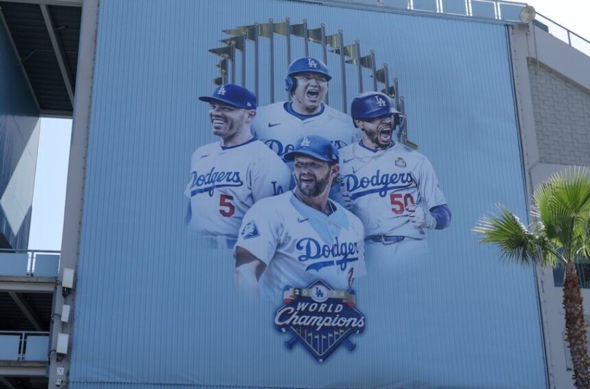 Clayton Kershaw, Freddie Freeman, Shohei Ohtani, Mookie Betts, Dodgers World Series champions logo mural