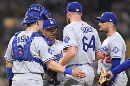 Dalton Rushing, Dave Roberts, Matt Sauer, Miguel Rojas, pitching change